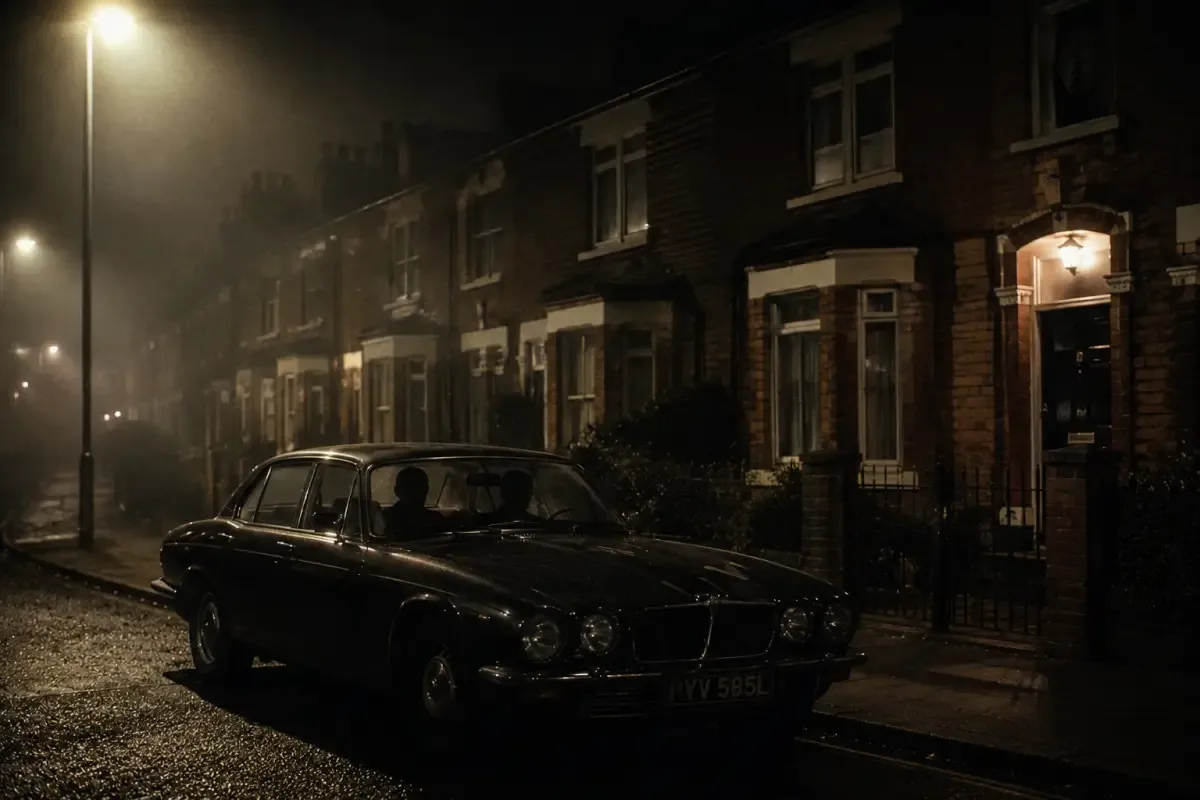 Tamni Jaguar parkiran noću na ulici u East Midlandsu, 1971. — kroz vjetrobran se naziru dvije siluete muškaraca u tamnim odijelima koji danima prate svjedoka.