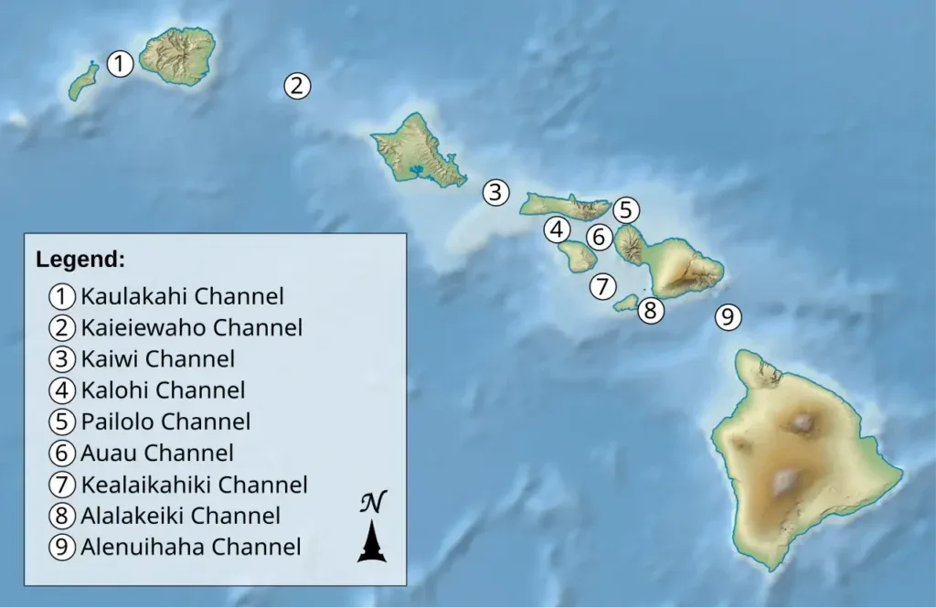 Karta Havajskih ostrva sa istaknutim kanalom ʻAlenuihaha između ostrva Maui i Havaje